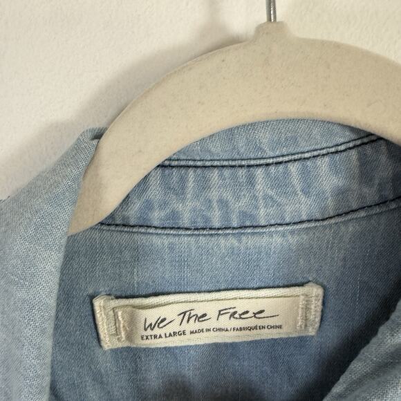 We the Free With Love Cotton Denim Shirt Blue Boho Western Pearl Snap Womens XL - Picture 5 of 8